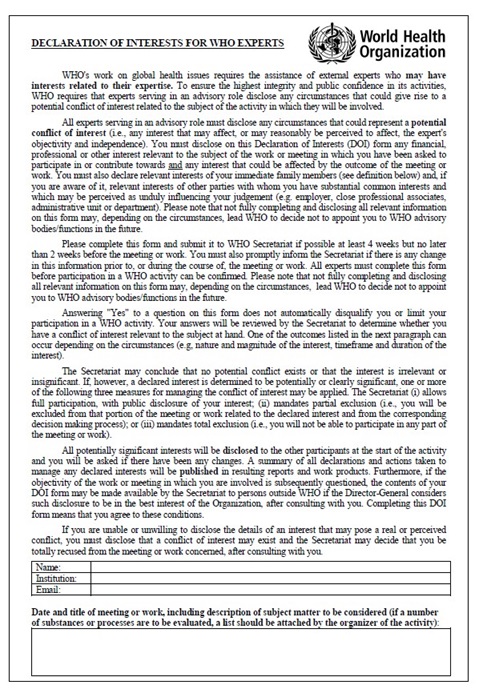 Declaration of interests for WHO experts