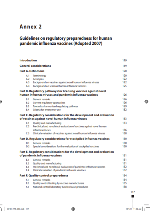 Guidelines on regulatory preparedness for human pandemic influenza vaccines, Annex 2, TRS 963